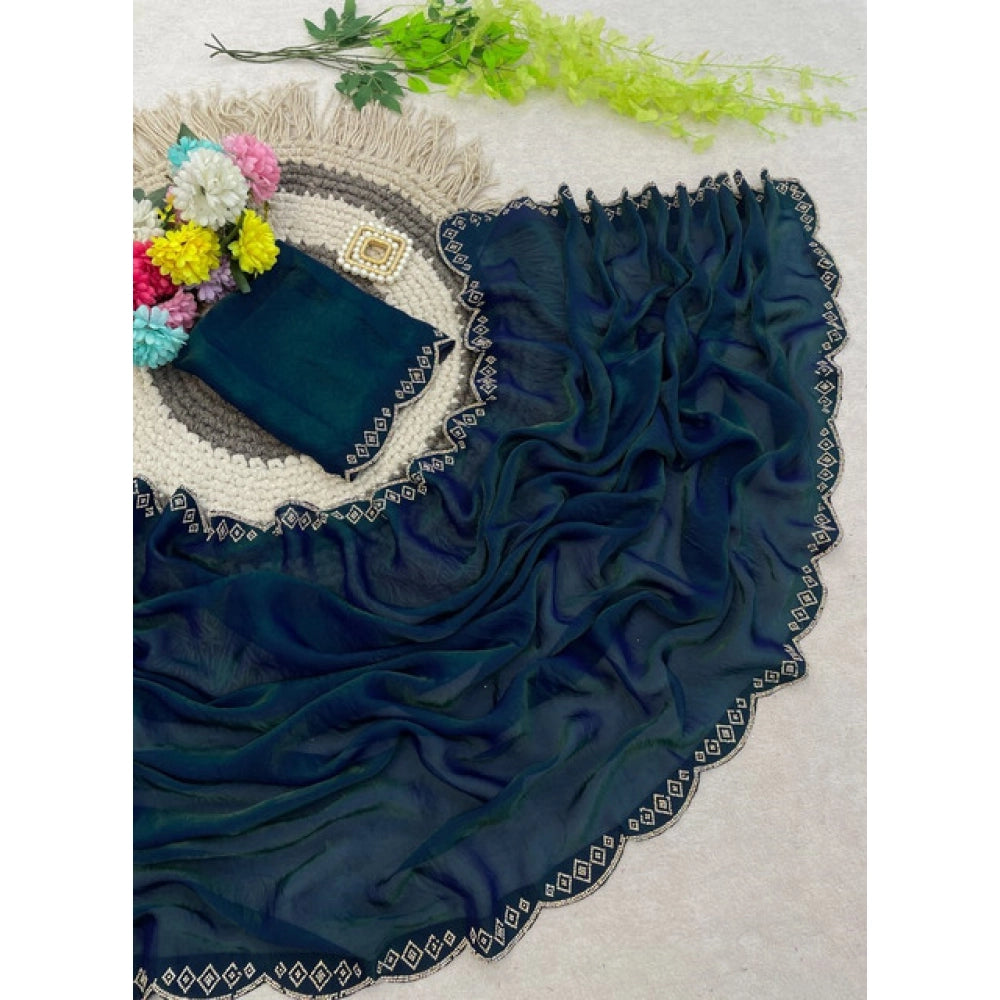 Women's Satin Embellished Saree With Unstitched Blouse 5.5Mtr (Bottle Green)