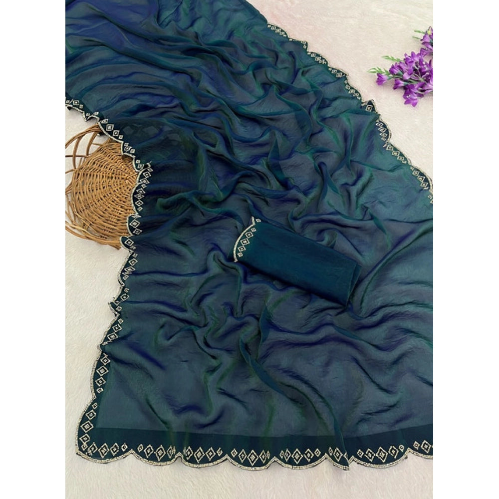 Women's Satin Embellished Saree With Unstitched Blouse 5.5Mtr (Bottle Green)