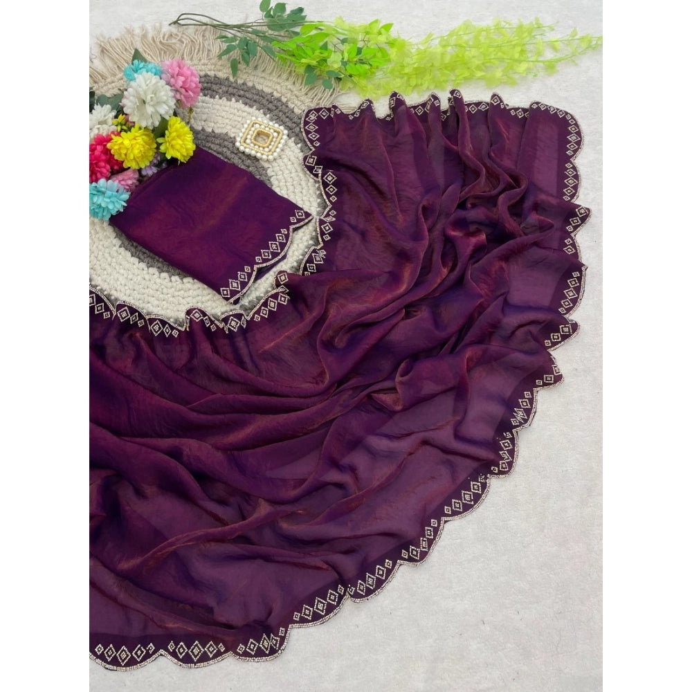Women's Satin Embellished Saree With Unstitched Blouse 5.5Mtr (Wine)