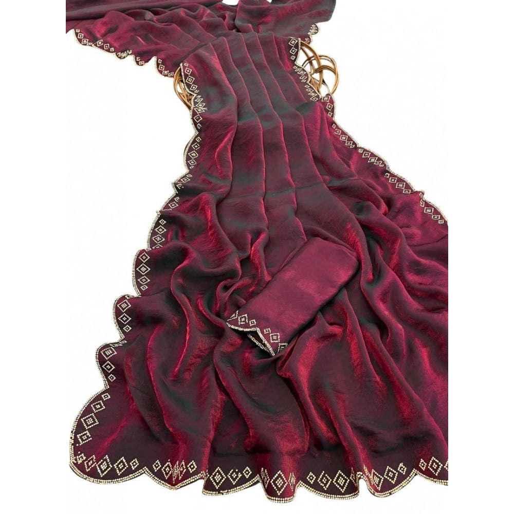 Women's Satin Embellished Saree With Unstitched Blouse 5.5Mtr (Burgundy)