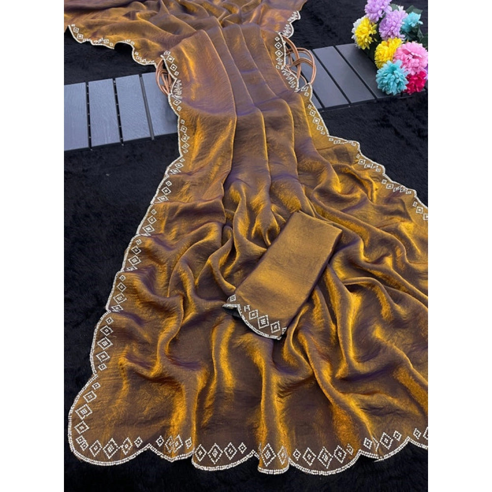 Women's Satin Embellished Saree With Unstitched Blouse 5.5Mtr (Mustard)