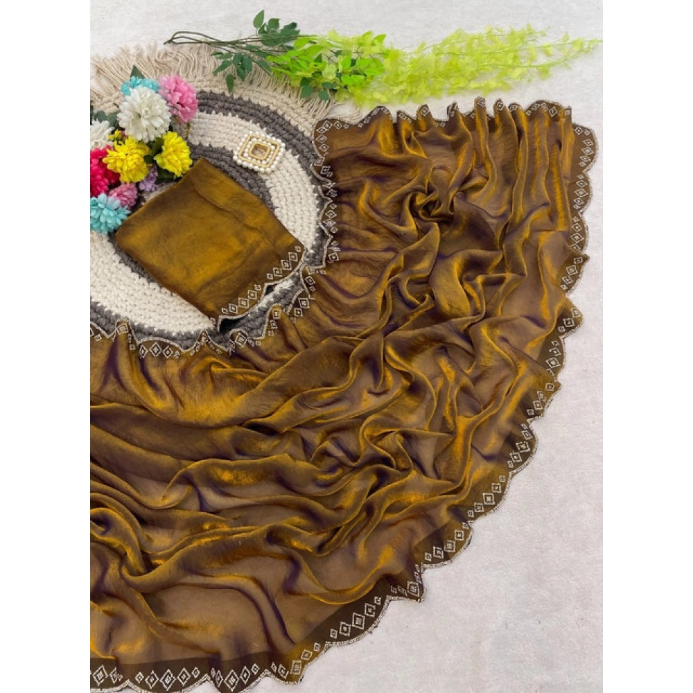 Women's Satin Embellished Saree With Unstitched Blouse 5.5Mtr (Mustard)