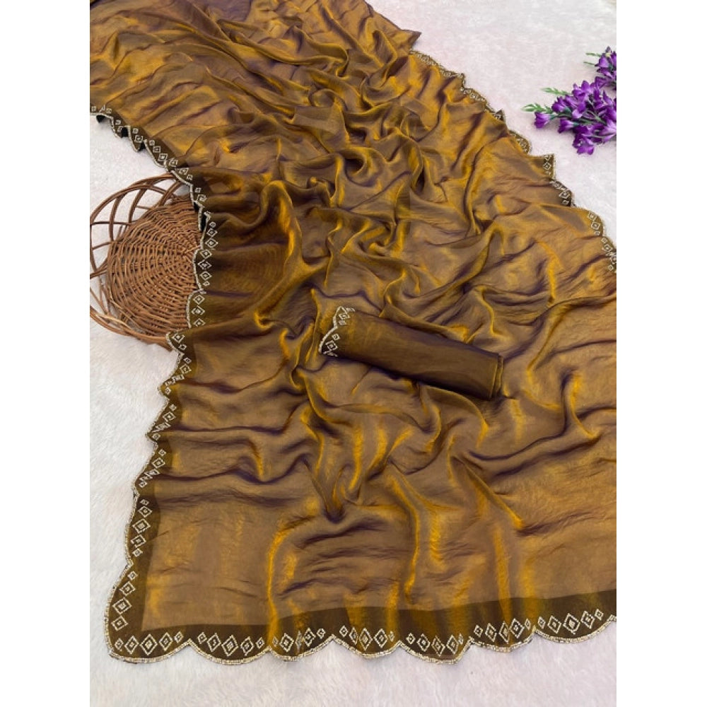 Women's Satin Embellished Saree With Unstitched Blouse 5.5Mtr (Mustard)