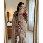 Women's Star Georgette Embroidered Saree With Unstitched Blouse 5.5Mtr (Beige)