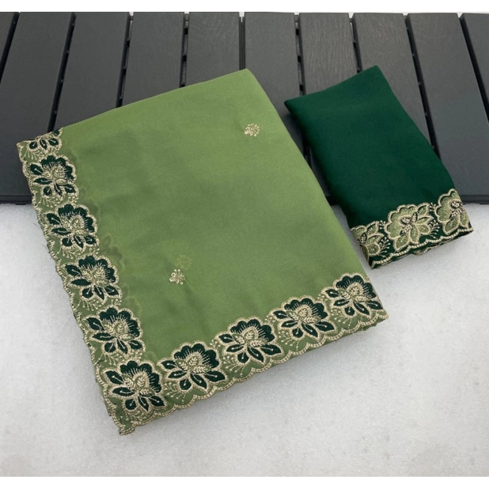 Women's Star Georgette Embroidered Saree With Unstitched Blouse 5.5Mtr (Green)
