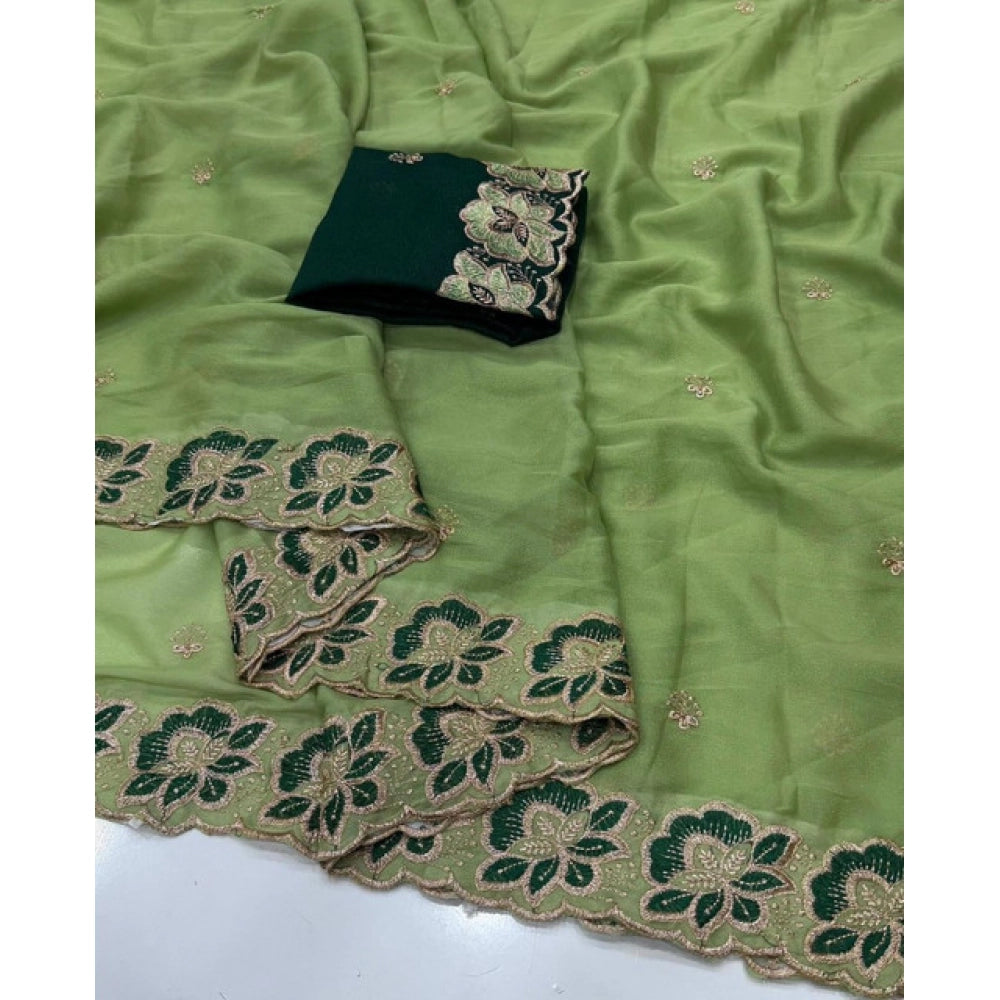Women's Star Georgette Embroidered Saree With Unstitched Blouse 5.5Mtr (Green)