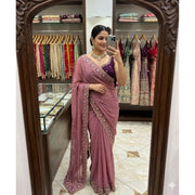Women's Star Georgette Embroidered Saree With Unstitched Blouse 5.5Mtr (Pink)