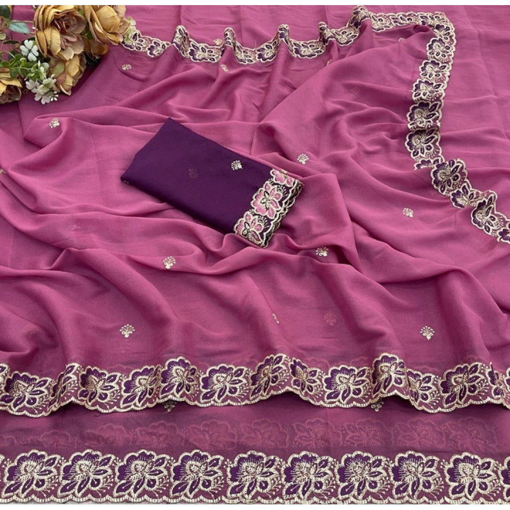 Women's Star Georgette Embroidered Saree With Unstitched Blouse 5.5Mtr (Pink)
