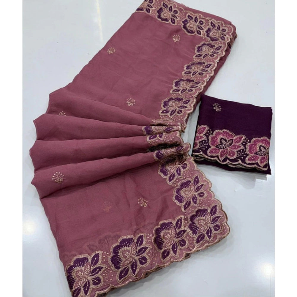Women's Star Georgette Embroidered Saree With Unstitched Blouse 5.5Mtr (Pink)