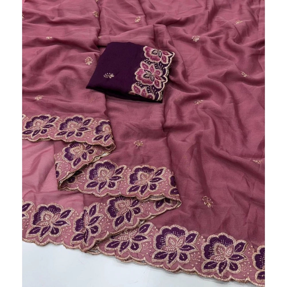Women's Star Georgette Embroidered Saree With Unstitched Blouse 5.5Mtr (Pink)