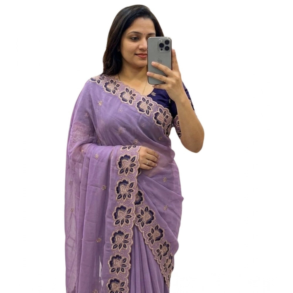 Women's Star Georgette Embroidered Saree With Unstitched Blouse 5.5Mtr (Purple)