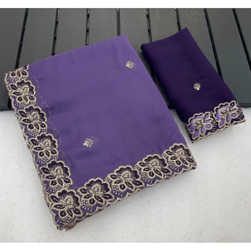 Women's Star Georgette Embroidered Saree With Unstitched Blouse 5.5Mtr (Purple)