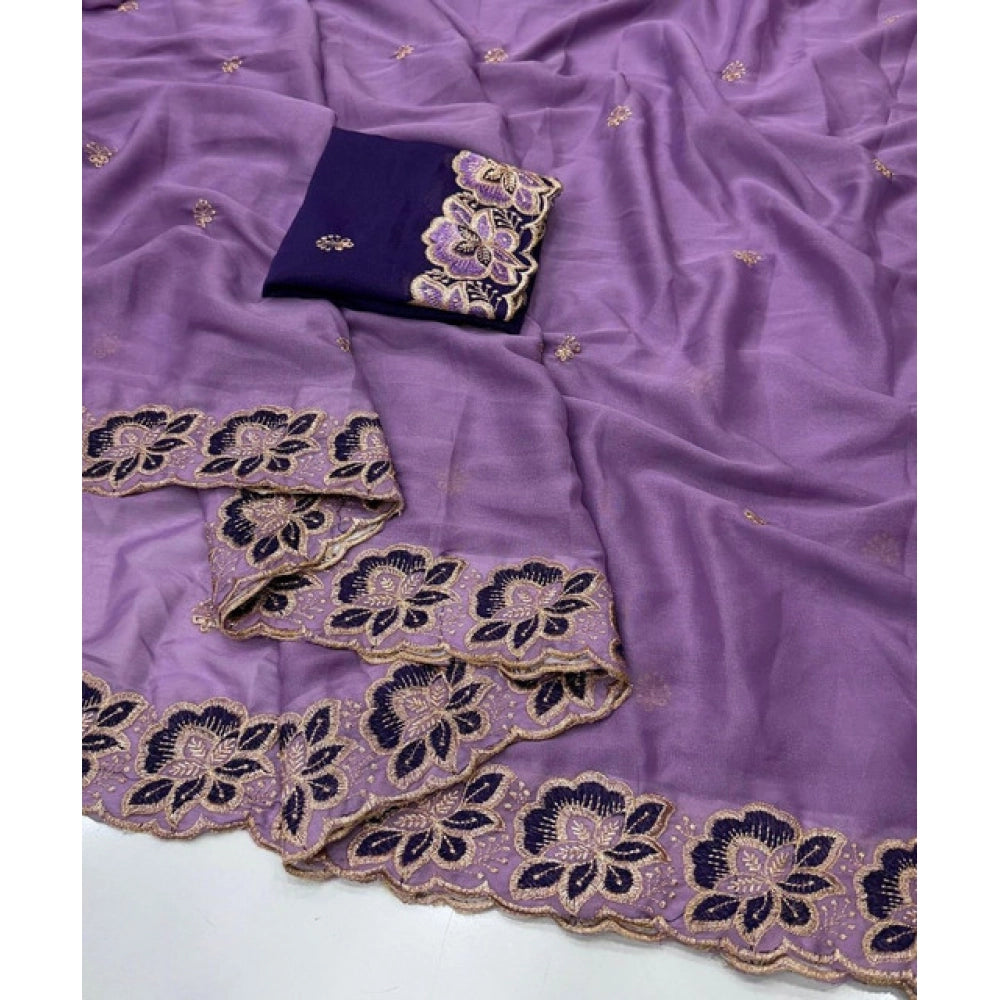 Women's Star Georgette Embroidered Saree With Unstitched Blouse 5.5Mtr (Purple)