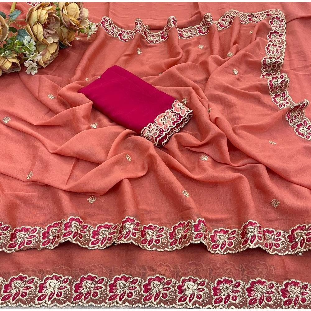 Women's Star Georgette Embroidered Saree With Unstitched Blouse 5.5Mtr (Orange)