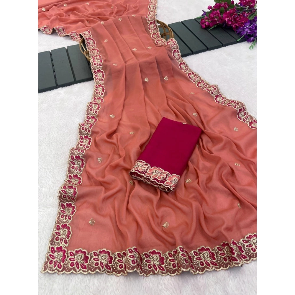 Women's Star Georgette Embroidered Saree With Unstitched Blouse 5.5Mtr (Orange)