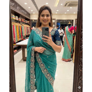Women's Star Georgette Embroidered Saree With Unstitched Blouse 5.5Mtr (Sea Green)