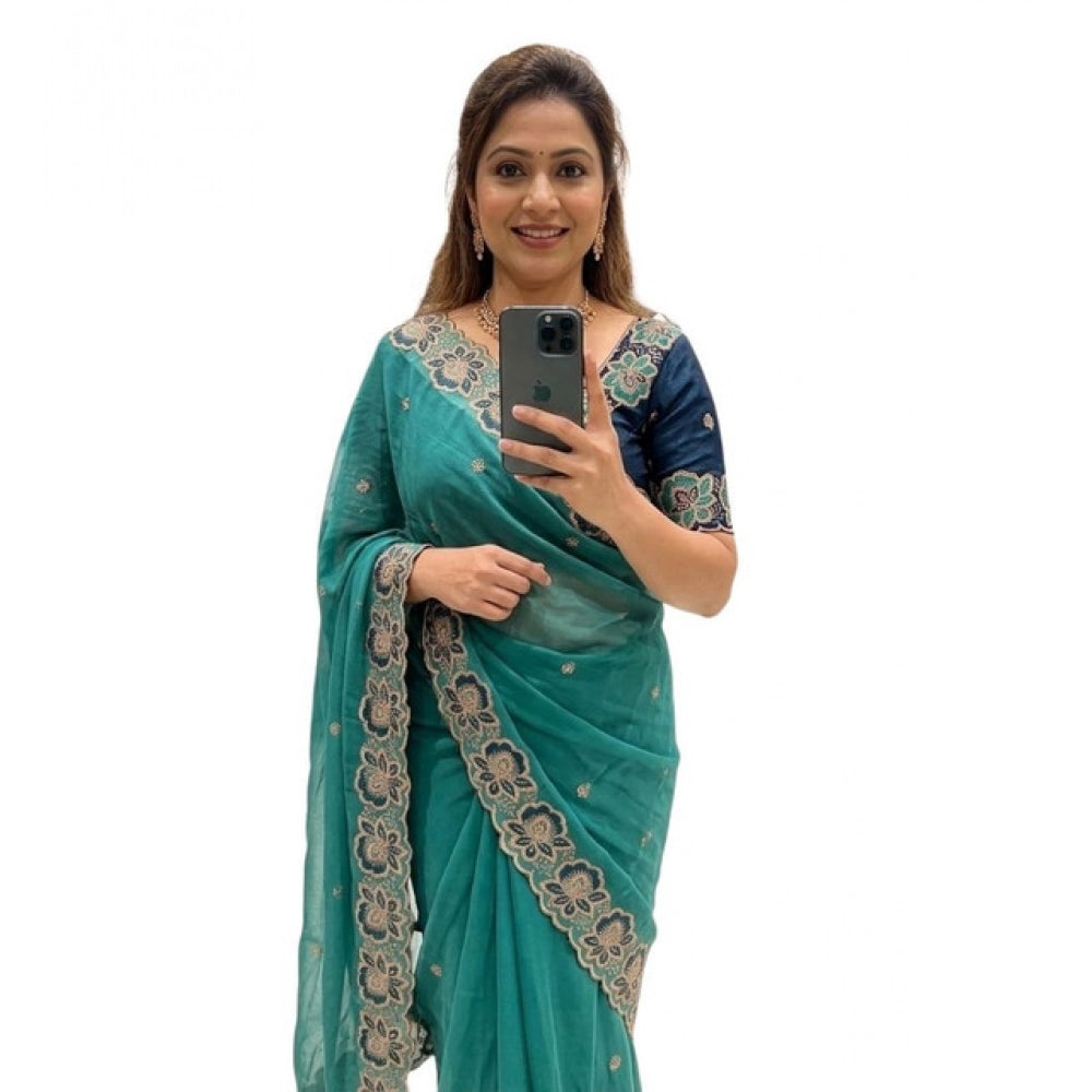 Women's Star Georgette Embroidered Saree With Unstitched Blouse 5.5Mtr (Sea Green)