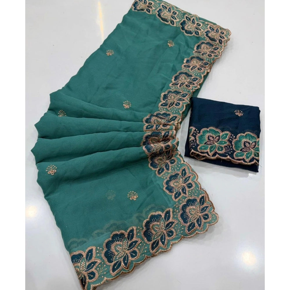 Women's Star Georgette Embroidered Saree With Unstitched Blouse 5.5Mtr (Sea Green)