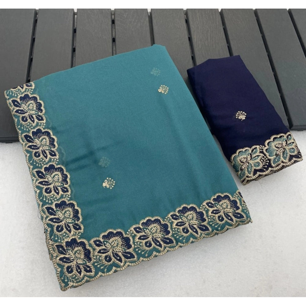 Women's Star Georgette Embroidered Saree With Unstitched Blouse 5.5Mtr (Sea Green)