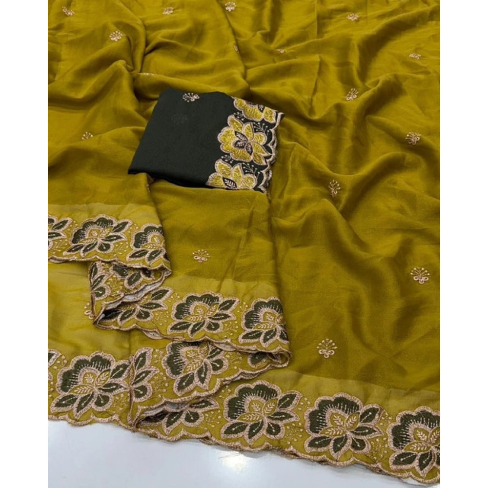 Women's Star Georgette Embroidered Saree With Unstitched Blouse 5.5Mtr (Olive Green)