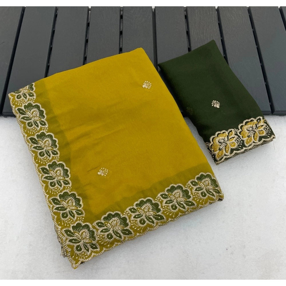 Women's Star Georgette Embroidered Saree With Unstitched Blouse 5.5Mtr (Olive Green)