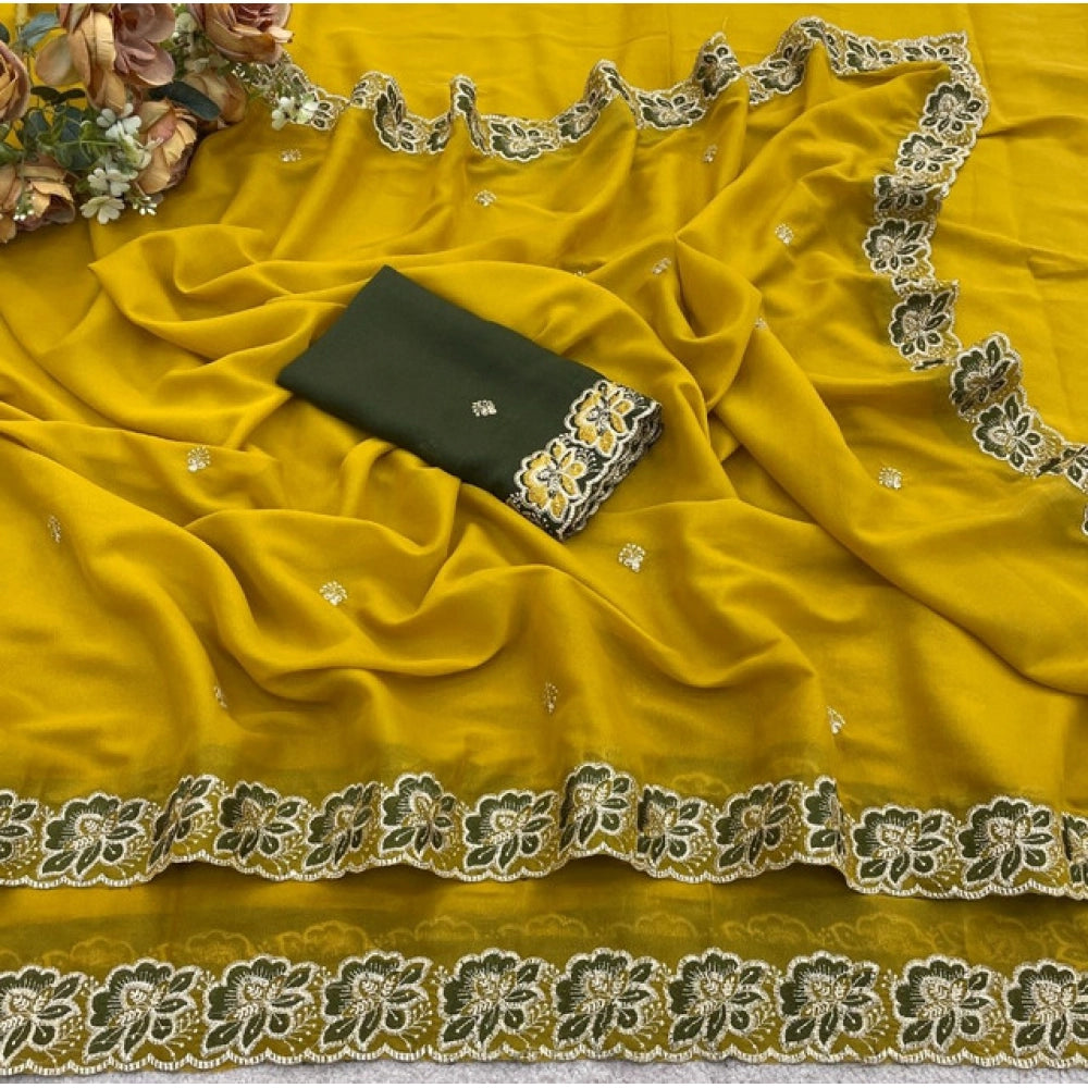 Women's Star Georgette Embroidered Saree With Unstitched Blouse 5.5Mtr (Olive Green)