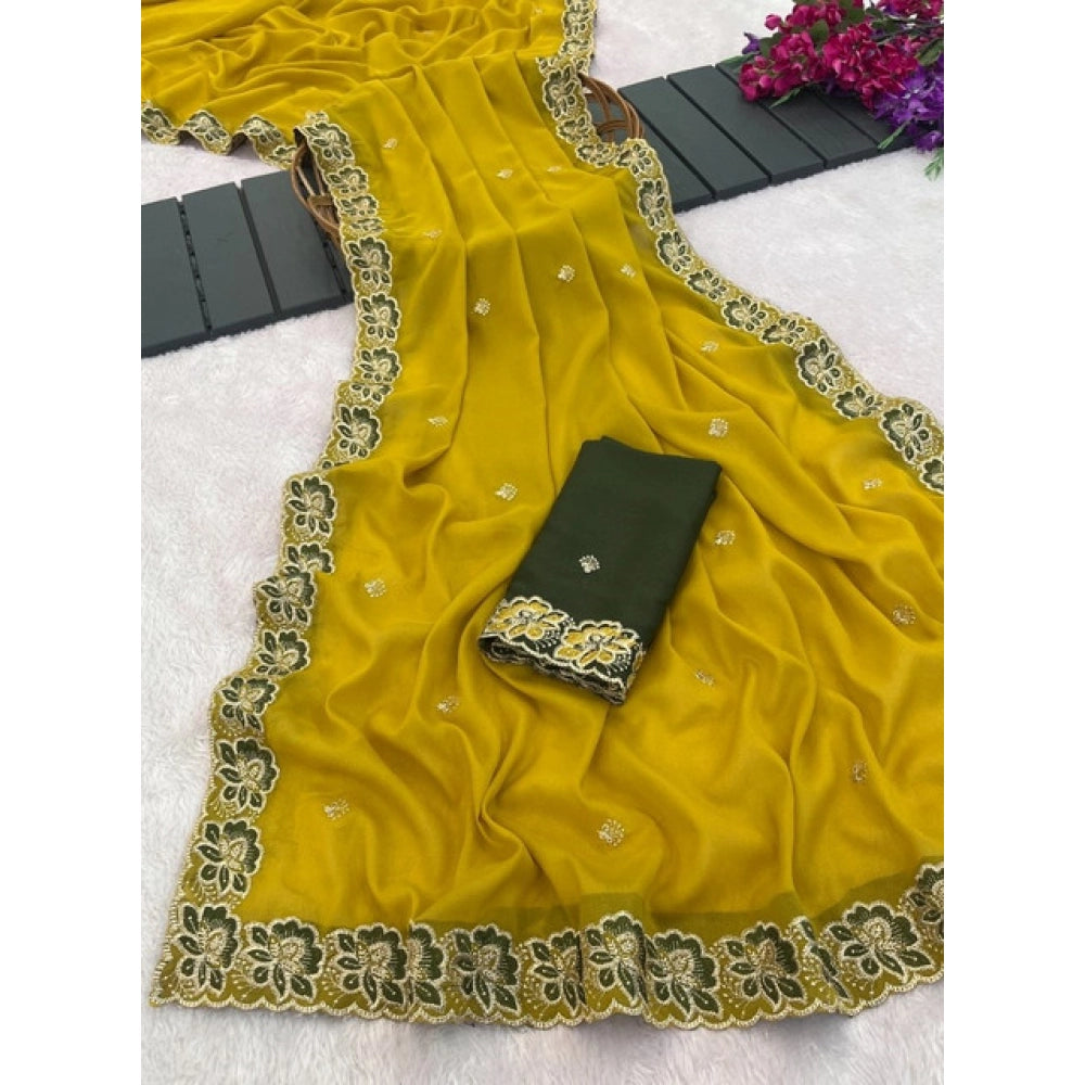 Women's Star Georgette Embroidered Saree With Unstitched Blouse 5.5Mtr (Olive Green)