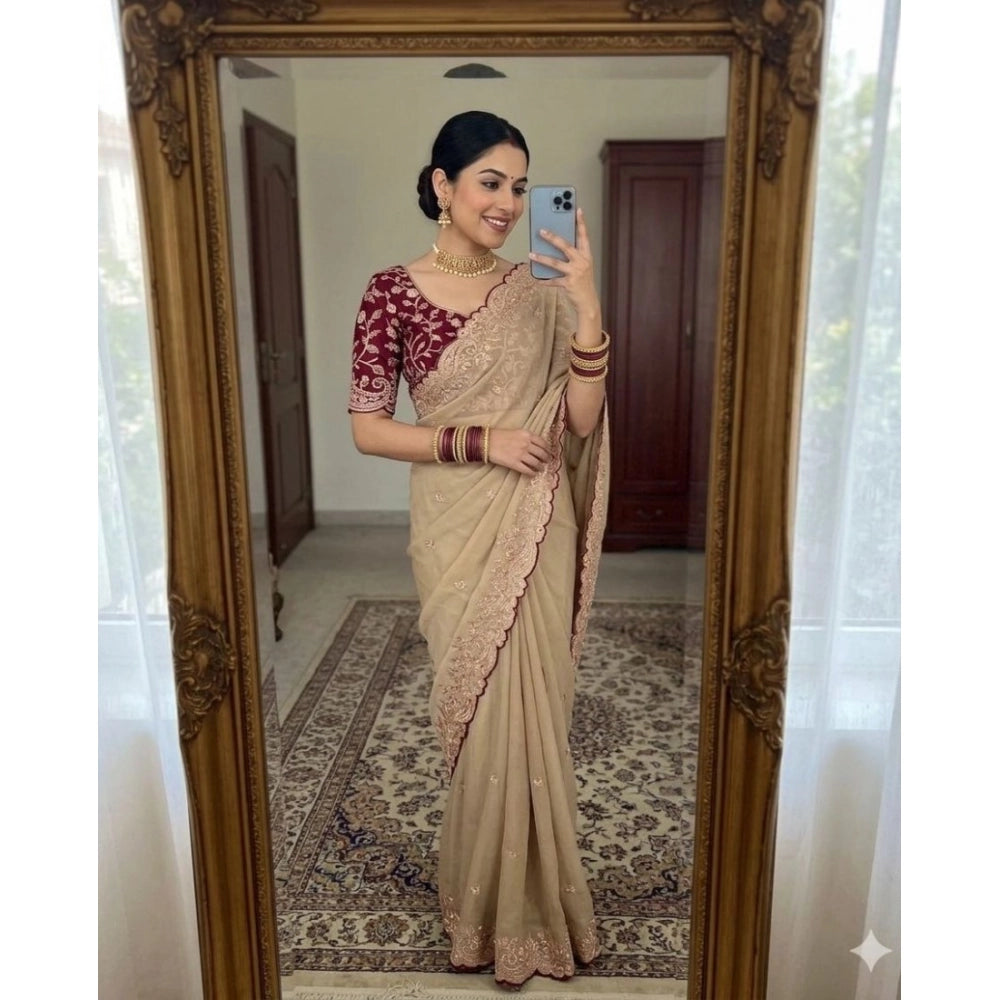 Women's Star Georgette Embroidered Saree With Unstitched Blouse 5.5Mtr (Beige)