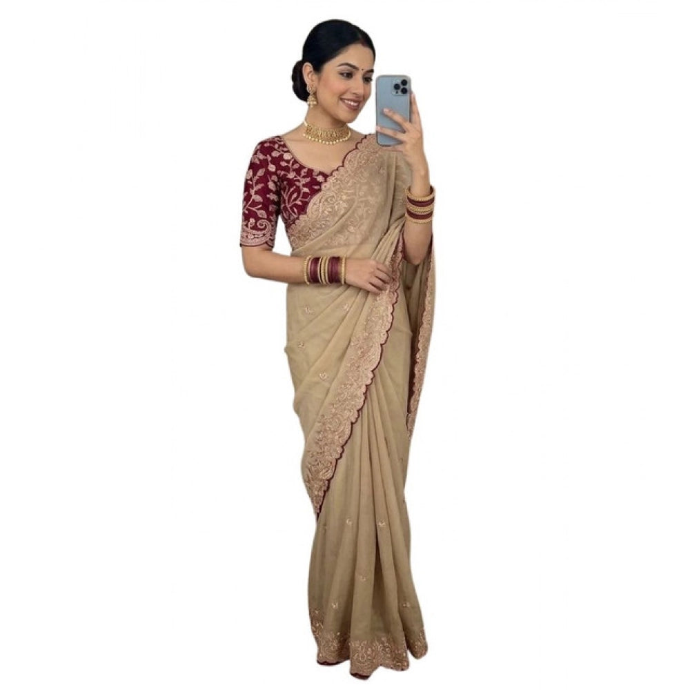 Women's Star Georgette Embroidered Saree With Unstitched Blouse 5.5Mtr (Beige)