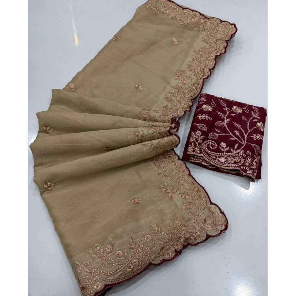 Women's Star Georgette Embroidered Saree With Unstitched Blouse 5.5Mtr (Beige)