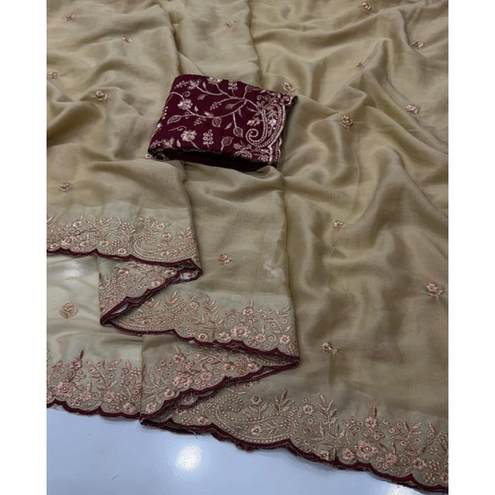 Women's Star Georgette Embroidered Saree With Unstitched Blouse 5.5Mtr (Beige)