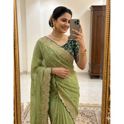 Women's Star Georgette Embroidered Saree With Unstitched Blouse 5.5Mtr (Green)