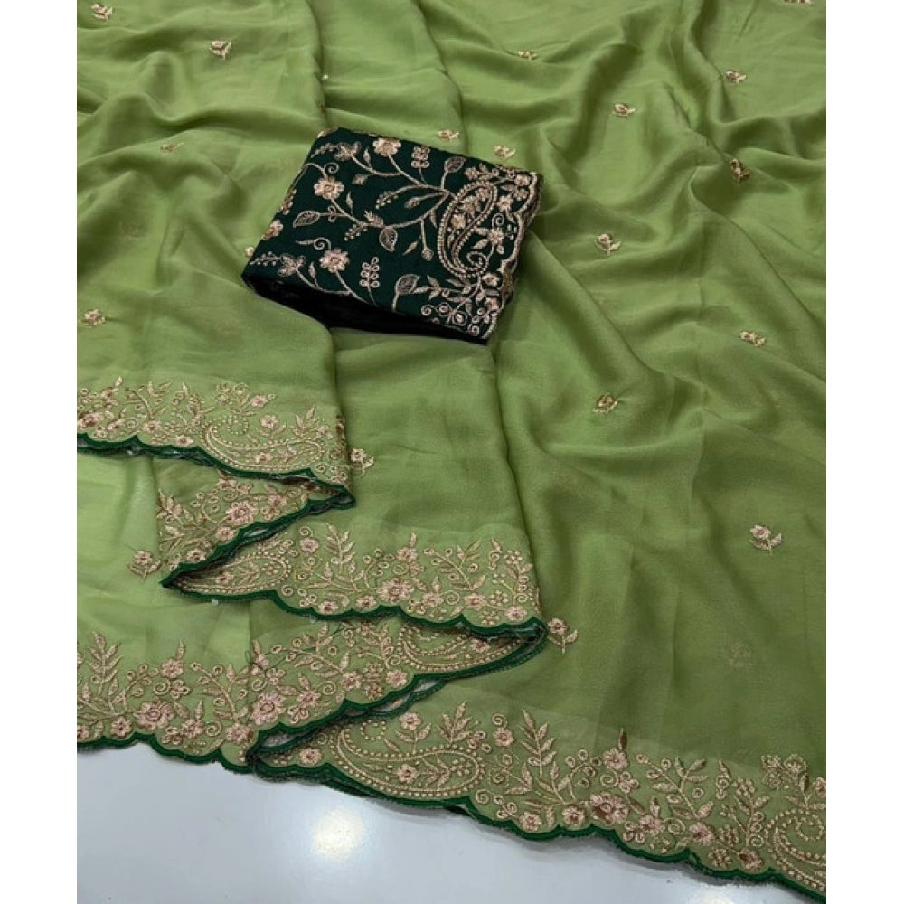 Women's Star Georgette Embroidered Saree With Unstitched Blouse 5.5Mtr (Green)