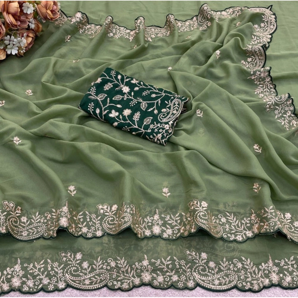Women's Star Georgette Embroidered Saree With Unstitched Blouse 5.5Mtr (Green)