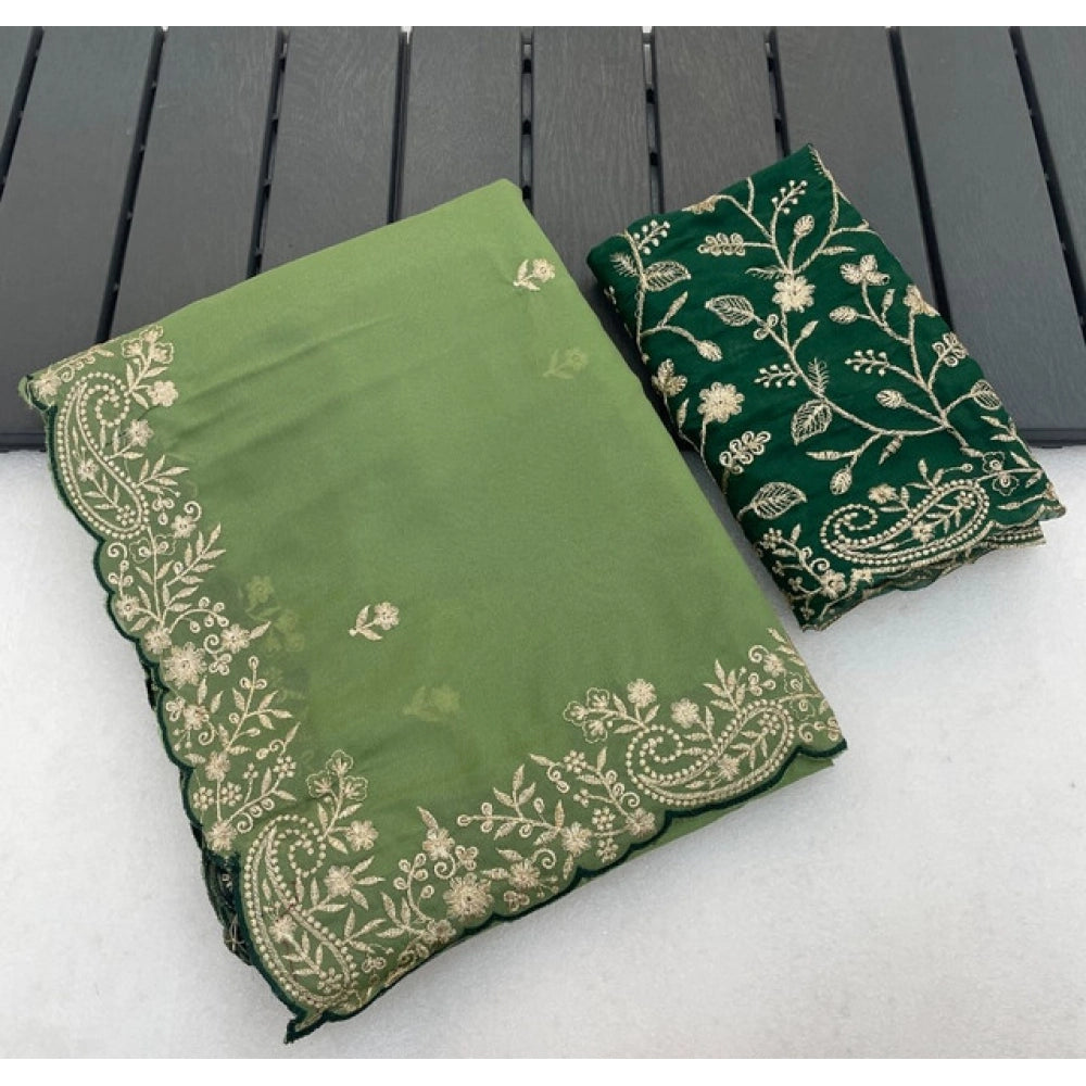 Women's Star Georgette Embroidered Saree With Unstitched Blouse 5.5Mtr (Green)