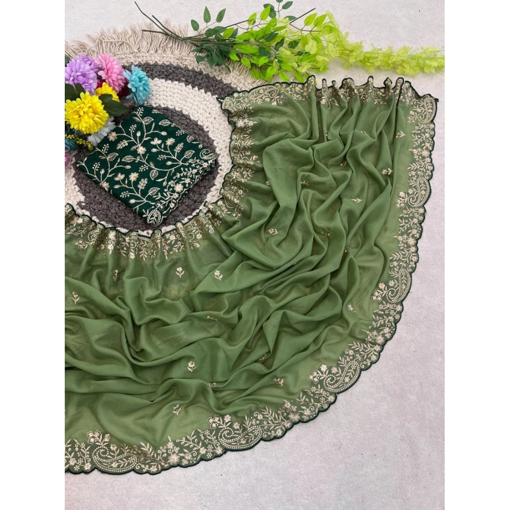 Women's Star Georgette Embroidered Saree With Unstitched Blouse 5.5Mtr (Green)