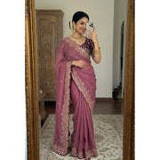 Women's Star Georgette Embroidered Saree With Unstitched Blouse 5.5Mtr (Pink)