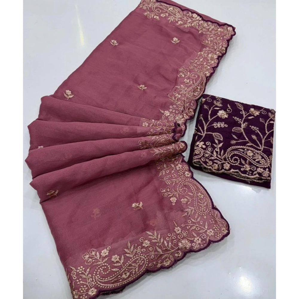 Women's Star Georgette Embroidered Saree With Unstitched Blouse 5.5Mtr (Pink)