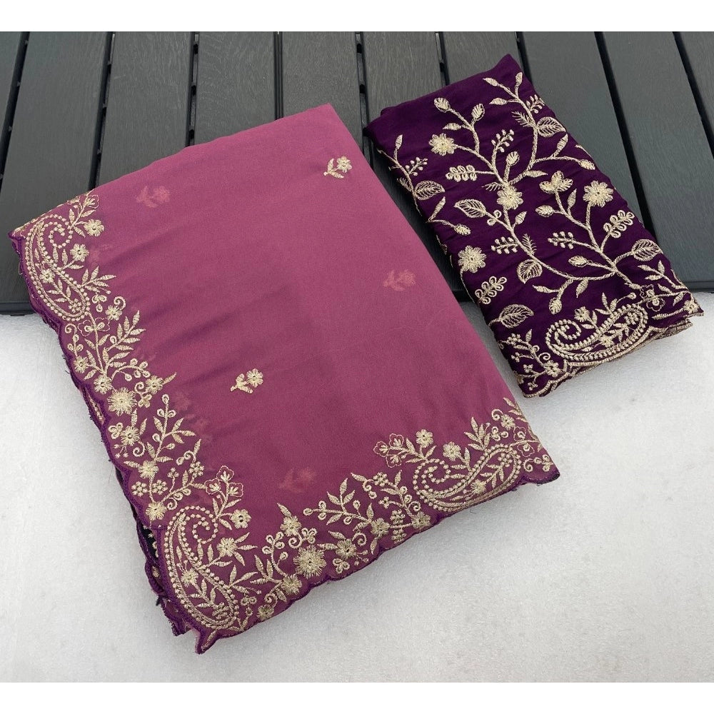 Women's Star Georgette Embroidered Saree With Unstitched Blouse 5.5Mtr (Pink)