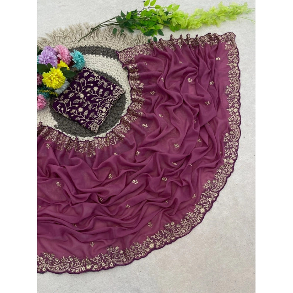 Women's Star Georgette Embroidered Saree With Unstitched Blouse 5.5Mtr (Pink)