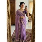 Women's Star Georgette Embroidered Saree With Unstitched Blouse 5.5Mtr (Purple)