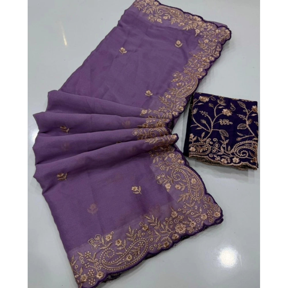 Women's Star Georgette Embroidered Saree With Unstitched Blouse 5.5Mtr (Purple)