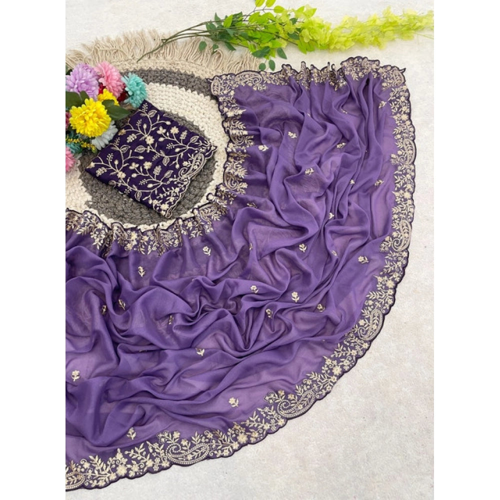 Women's Star Georgette Embroidered Saree With Unstitched Blouse 5.5Mtr (Purple)