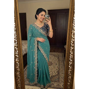 Women's Star Georgette Embroidered Saree With Unstitched Blouse 5.5Mtr (Sea Green)