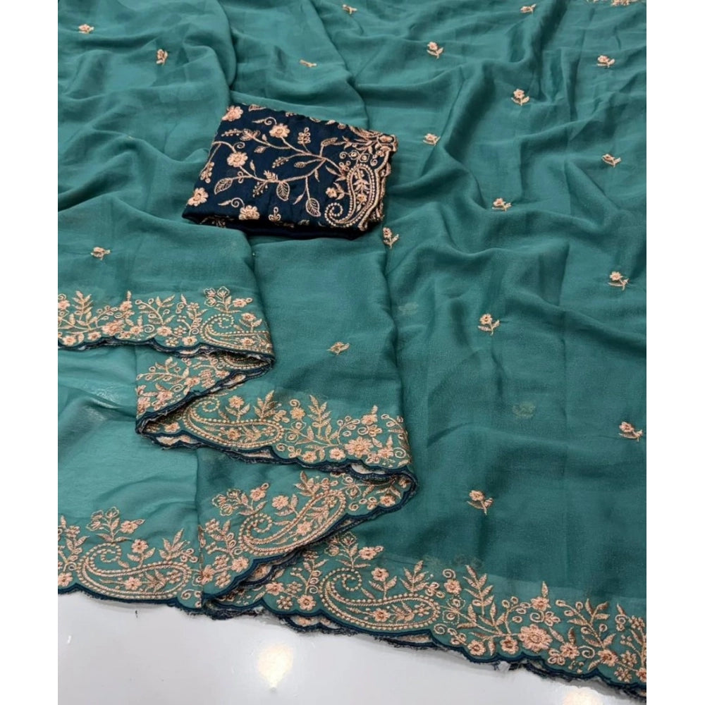 Women's Star Georgette Embroidered Saree With Unstitched Blouse 5.5Mtr (Sea Green)