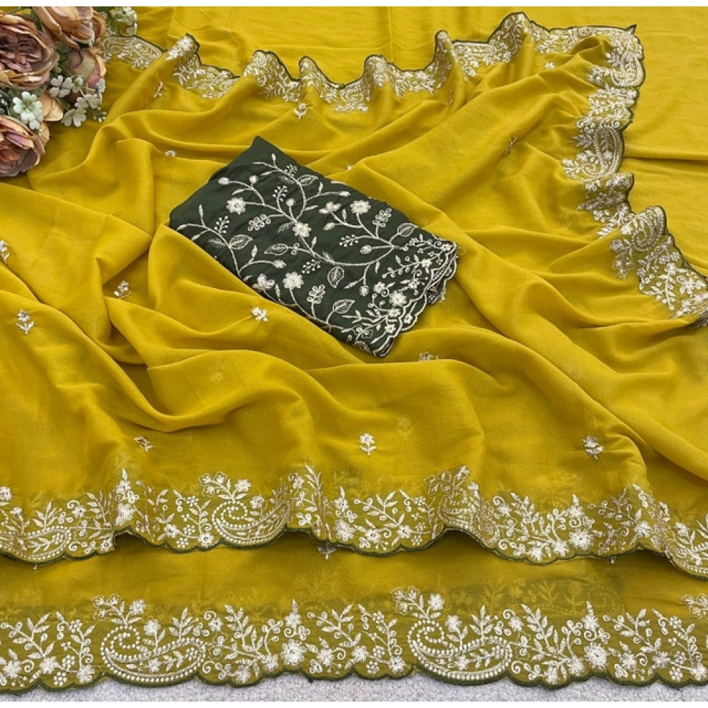 Women's Star Georgette Embroidered Saree With Unstitched Blouse 5.5Mtr (Mustard Yellow)