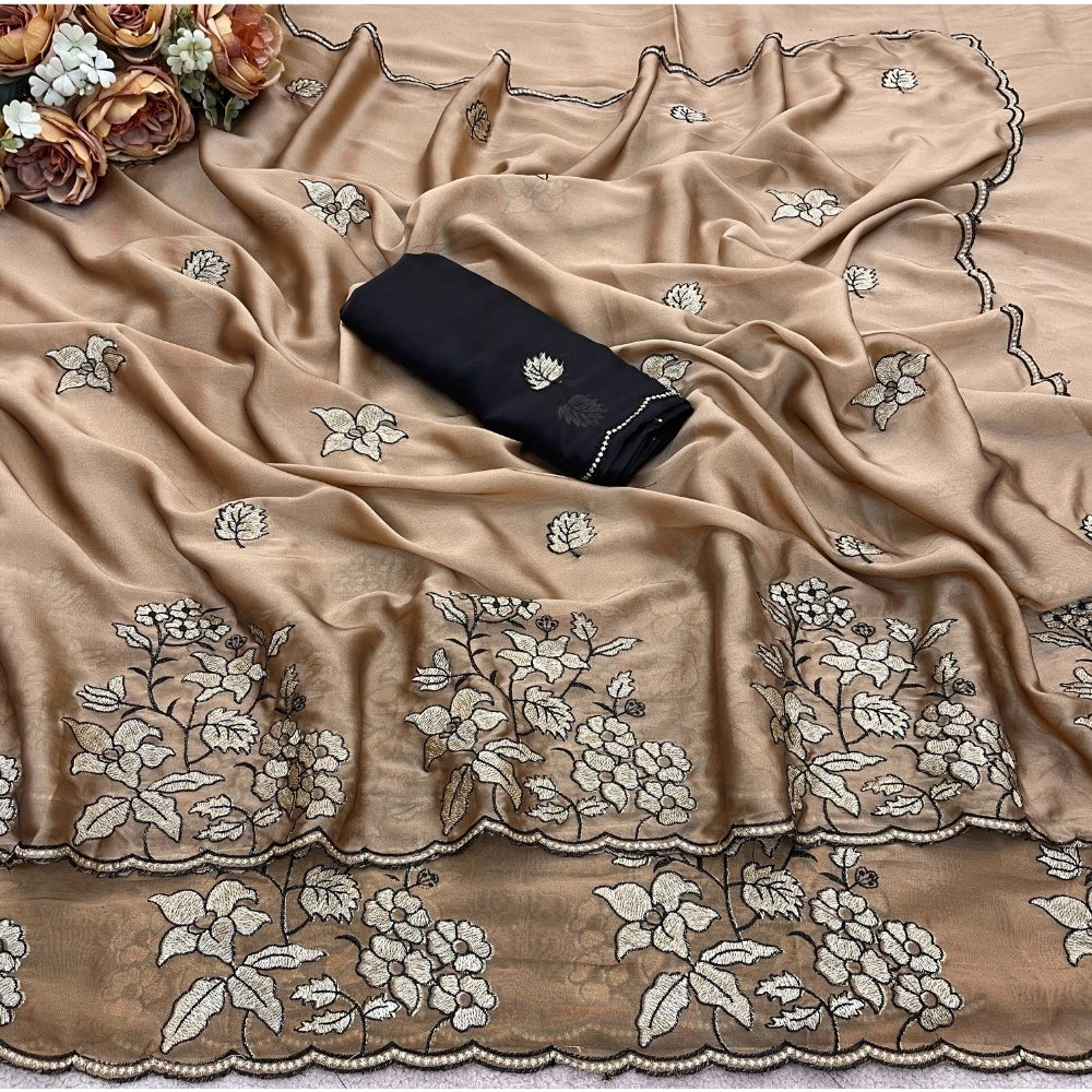 Women's Viscose Silk Embroidered Saree With Unstitched Blouse 5.5Mtr (Gold)