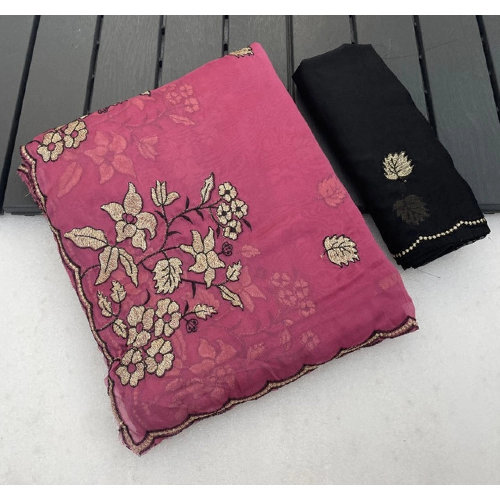 Women's Viscose Silk Embroidered Saree With Unstitched Blouse 5.5Mtr (Pink)