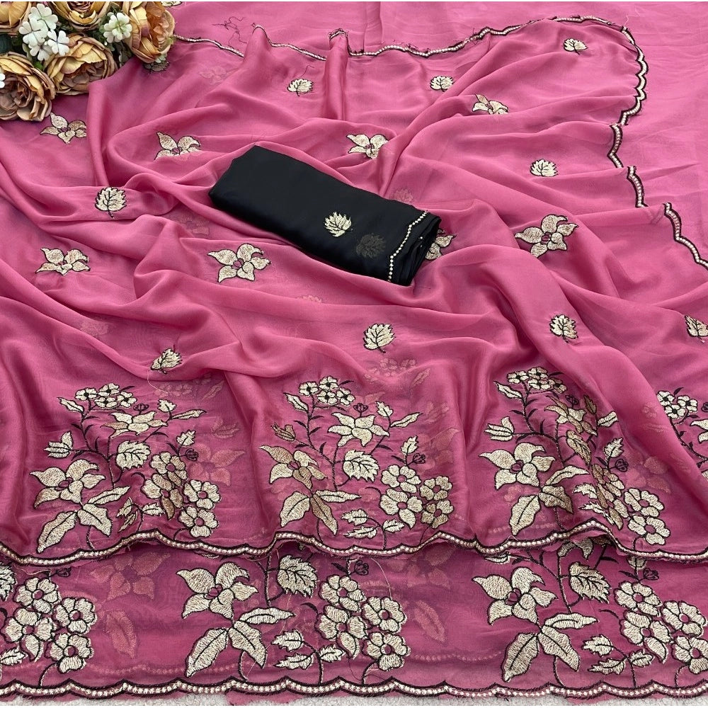 Women's Viscose Silk Embroidered Saree With Unstitched Blouse 5.5Mtr (Pink)