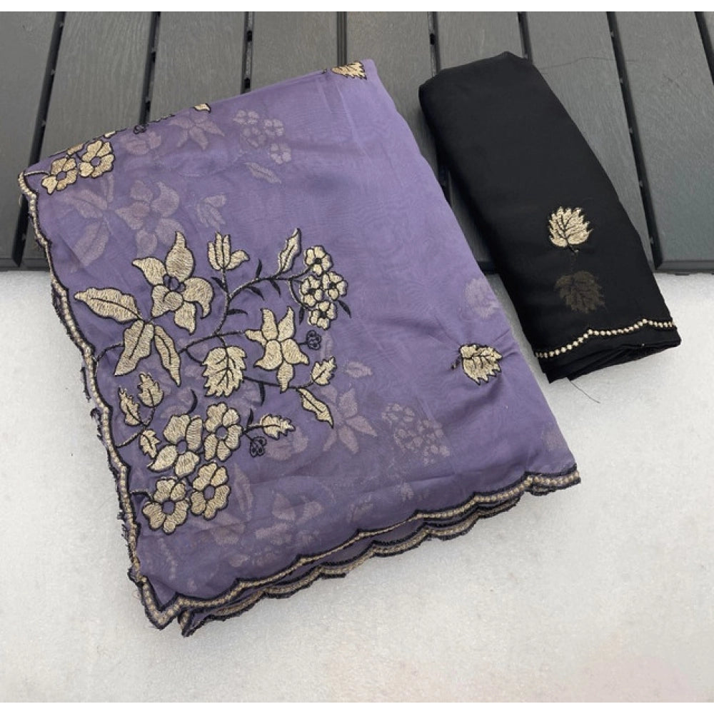 Women's Viscose Silk Embroidered Saree With Unstitched Blouse 5.5Mtr (Purple)